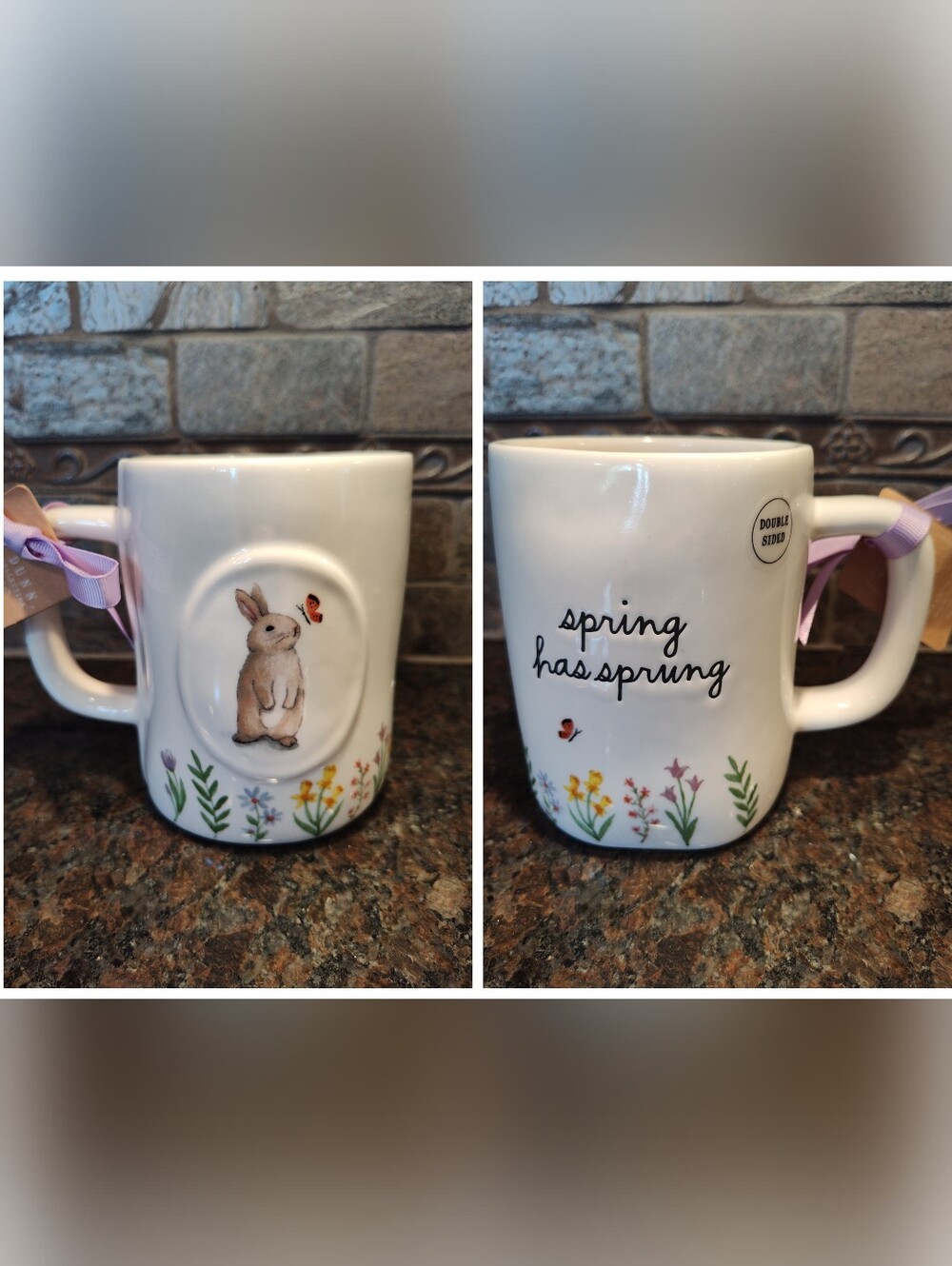 Rae Dunn Spring Has Sprung Ceramic Bunny Mug, Pastel Floral Accents, Double Side